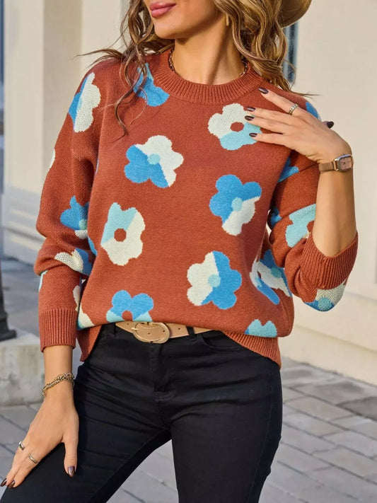 Floral Crew Neck Long Sleeve Sweater - Trendsi - Flyclothing LLC