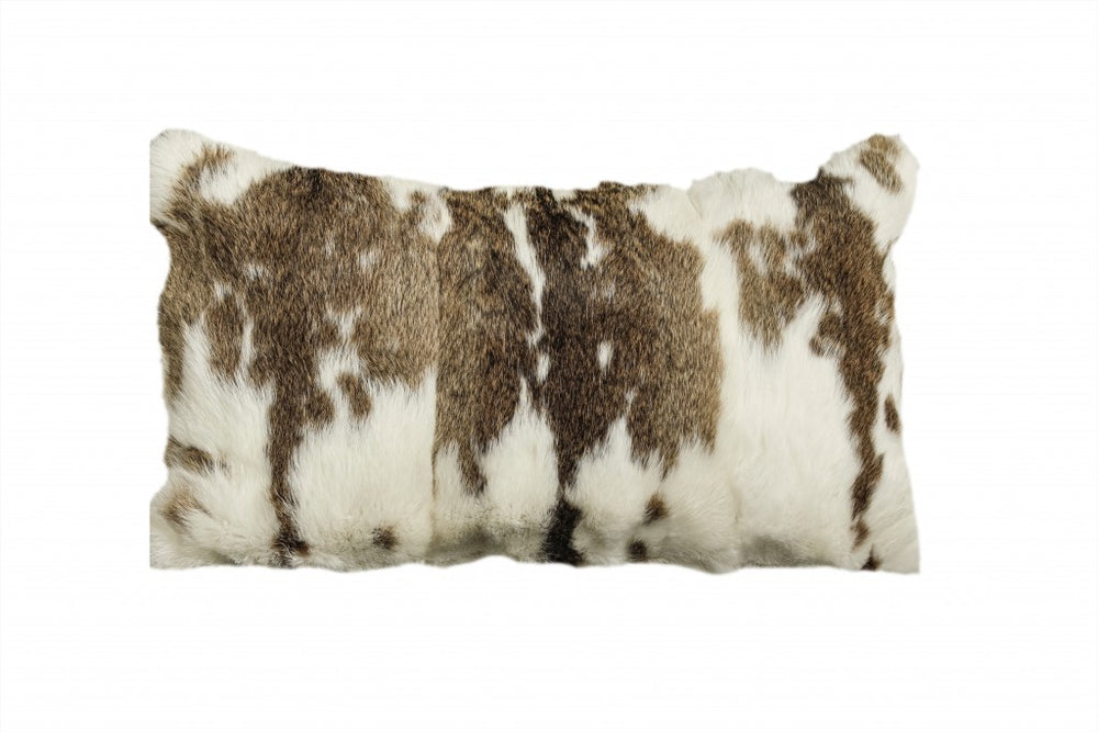 12" X 20" Brown And White Rabbit Natural Fur Throw Pillow - Homeroots - Flyclothing LLC