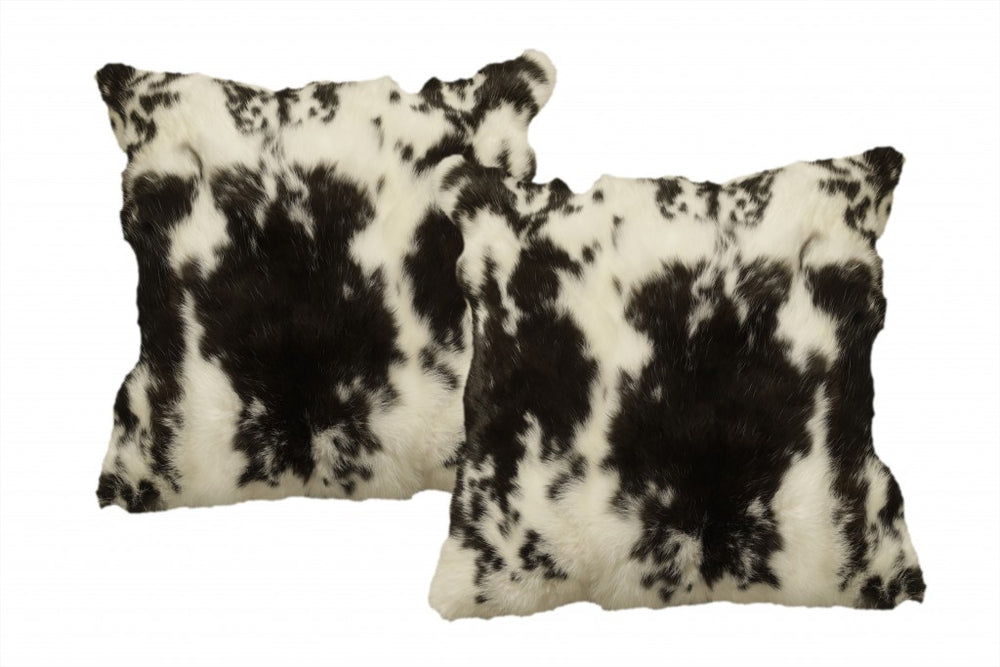 Set of Two 18" Black and White Rabbit Natural Fur Throw Pillow - Homeroots - Flyclothing LLC