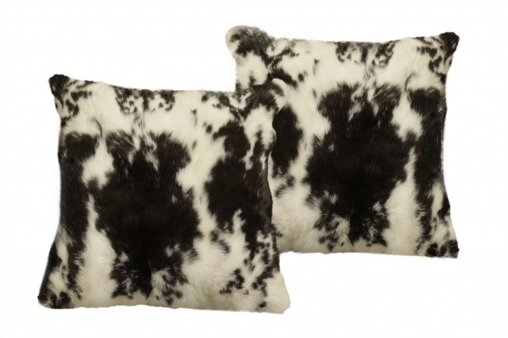 Set of Two 18" Black and White Rabbit Natural Fur Throw Pillow - Homeroots - Flyclothing LLC