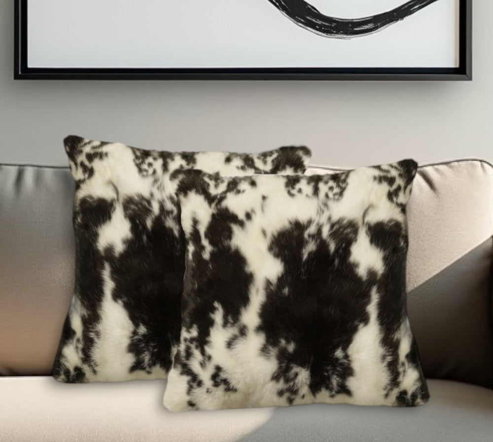 Set of Two 18" Black and White Rabbit Natural Fur Throw Pillow - Homeroots - Flyclothing LLC