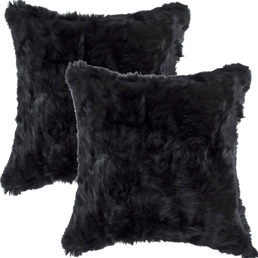 Set of Two 18" Black Rabbit Natural Fur Throw Pillow - Homeroots - Flyclothing LLC
