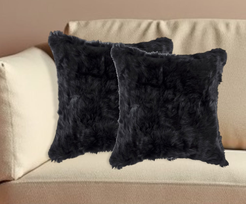 Set of Two 18" Black Rabbit Natural Fur Throw Pillow - Homeroots - Flyclothing LLC