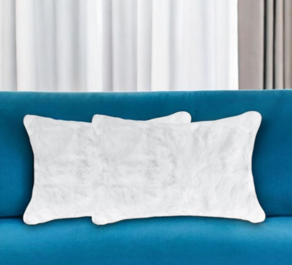 Set Of Two 12" X 20" White Rabbit Natural Fur Throw Pillows - Homeroots - Flyclothing LLC