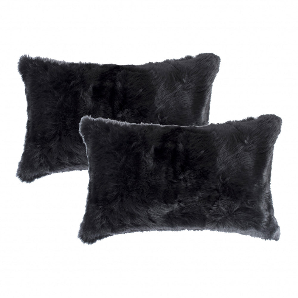 Set of Two 12" X 20" Black Rabbit Natural Fur Throw Pillow - Homeroots - Flyclothing LLC