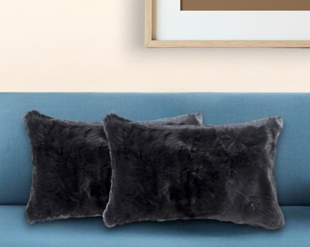 Set of Two 12" X 20" Black Rabbit Natural Fur Throw Pillow - Homeroots - Flyclothing LLC