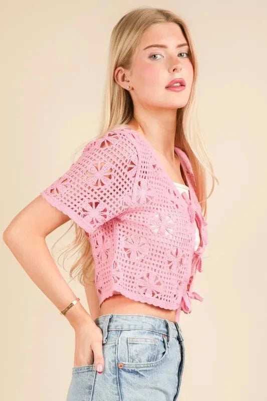 VERY J Front Tie Crochet Crop Top - Trendsi - Flyclothing LLC