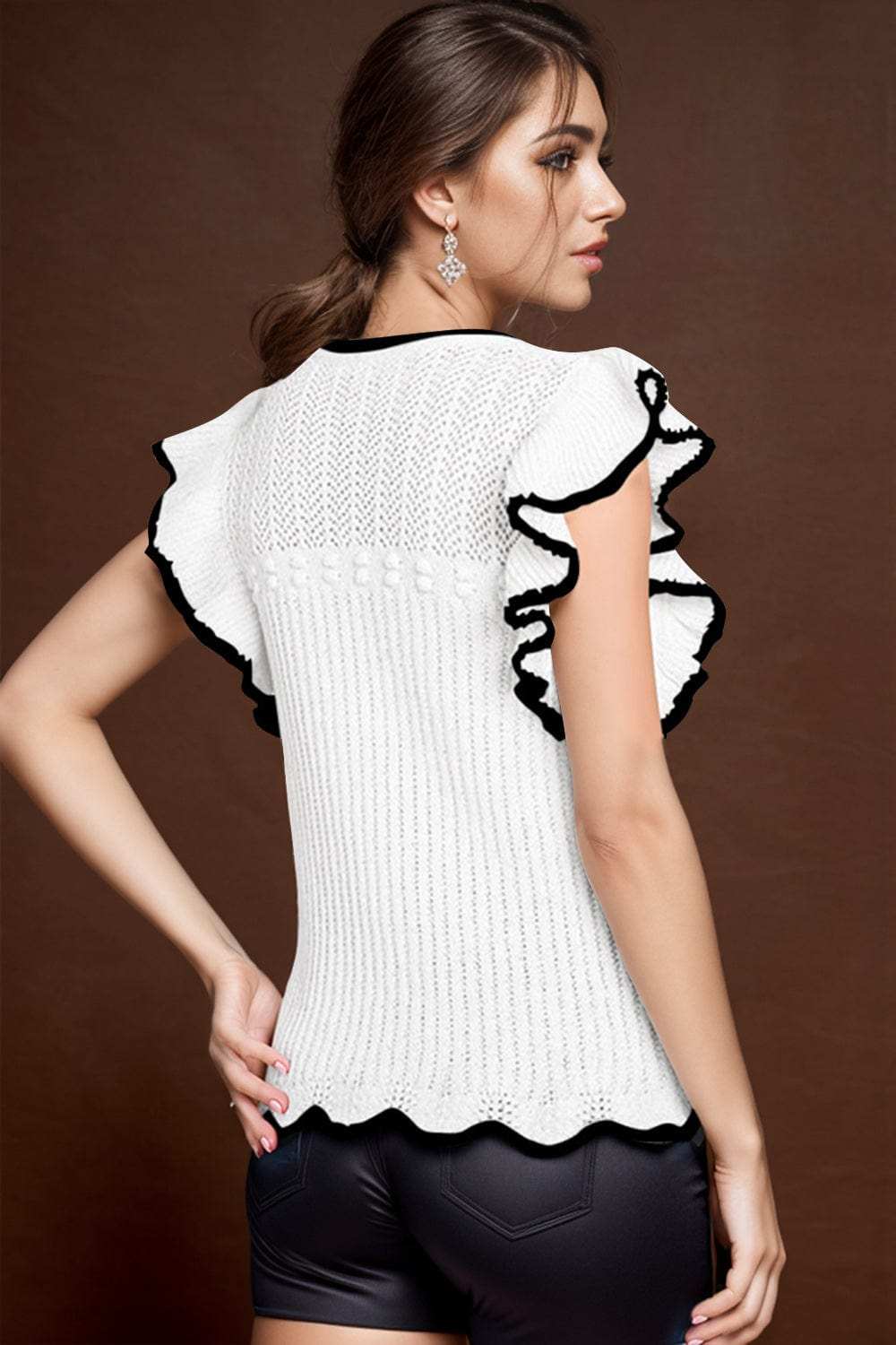 Ruffled Round Neck Cap Sleeve Knit Top - Trendsi - Flyclothing LLC