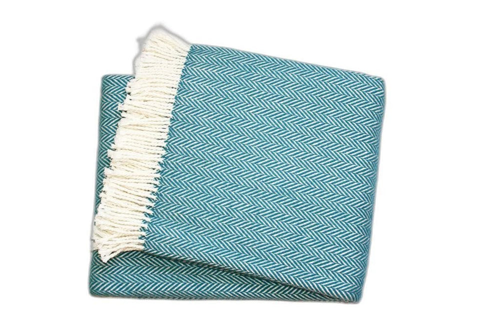 55" X 70" Teal Blue and White Woven Herringbone Plush Throw Blanket - Homeroots - Flyclothing LLC