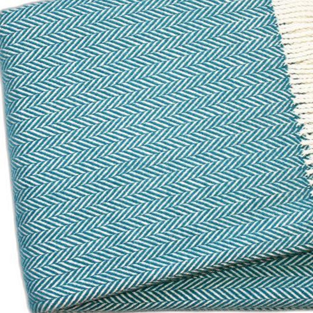 55" X 70" Teal Blue and White Woven Herringbone Plush Throw Blanket - Homeroots - Flyclothing LLC