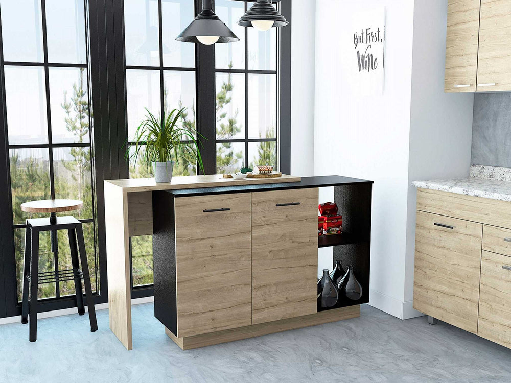 Black and Light Oak Contemporary Kitchen Island with Bar Table - Homeroots - Flyclothing LLC