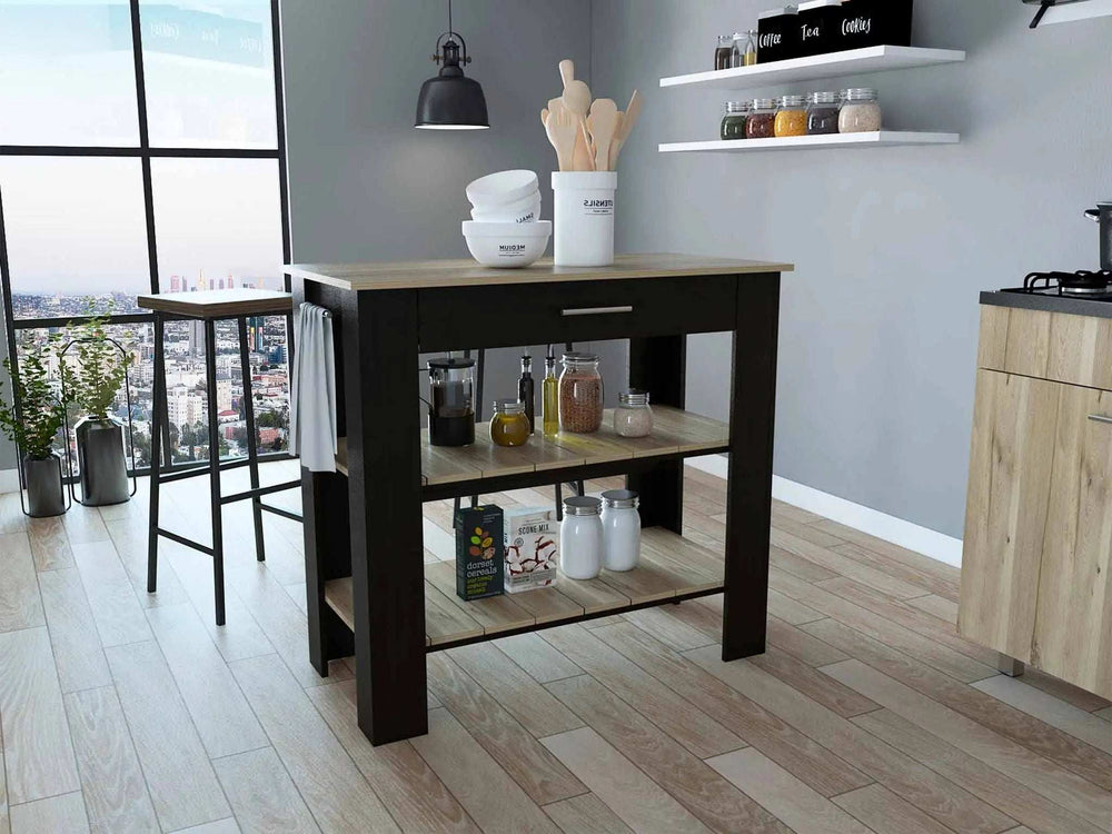 Light Oak and Black Kitchen Island with Drawer and Two Open Shelves - Homeroots - Flyclothing LLC
