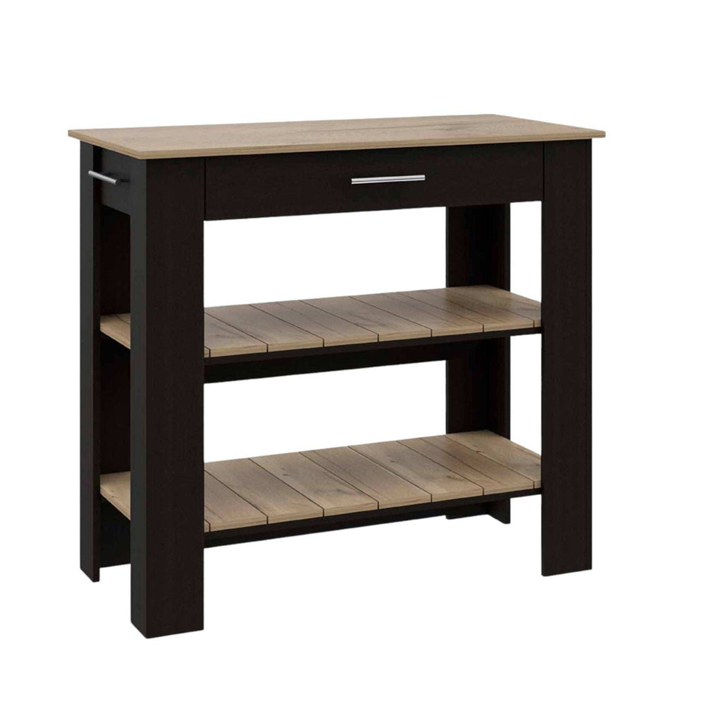 Light Oak and Black Kitchen Island with Drawer and Two Open Shelves - Homeroots - Flyclothing LLC