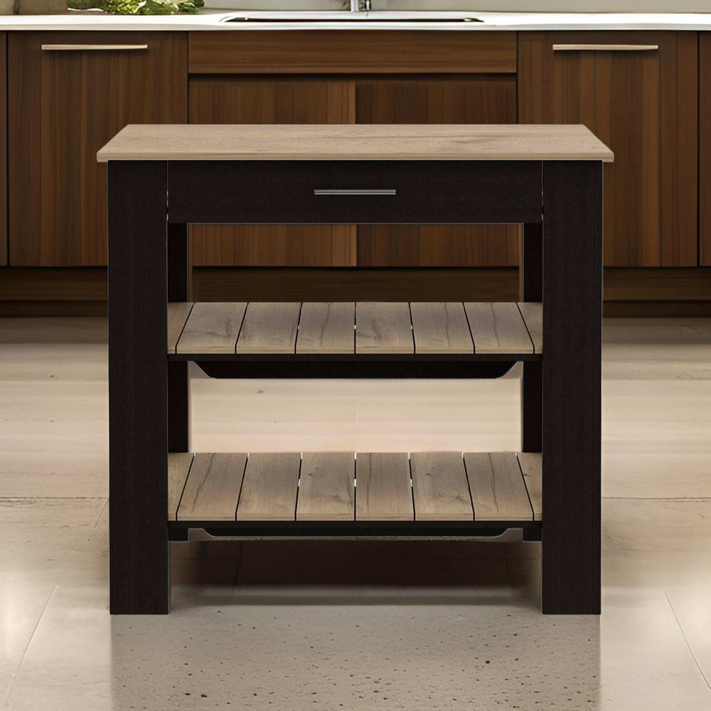 Light Oak and Black Kitchen Island with Drawer and Two Open Shelves - Homeroots - Flyclothing LLC