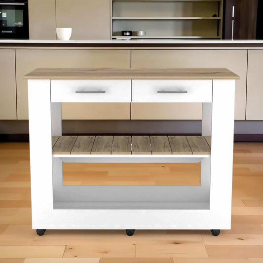 Light Oak and White Kitchen Island with Drawer Shelves and Casters - Homeroots - Flyclothing LLC