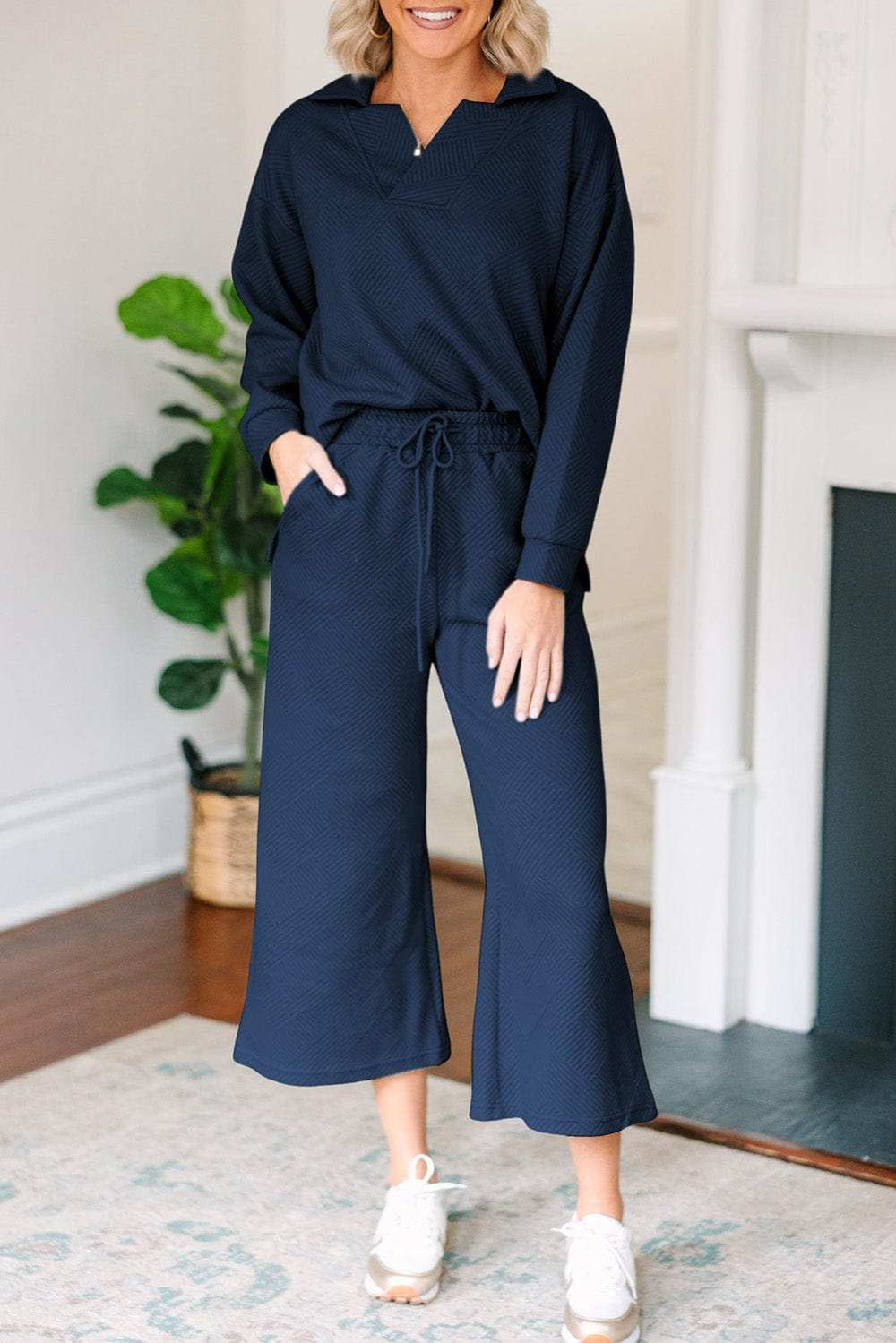 Textured Collared Neck Top and Wide Leg Pants Set - Trendsi - Flyclothing LLC