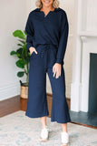 Textured Collared Neck Top and Wide Leg Pants Set - Trendsi - Flyclothing LLC