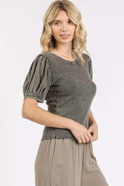 Mittoshop Mineral Wash Puff Sleeve Rib Knit Top - Trendsi - Flyclothing LLC
