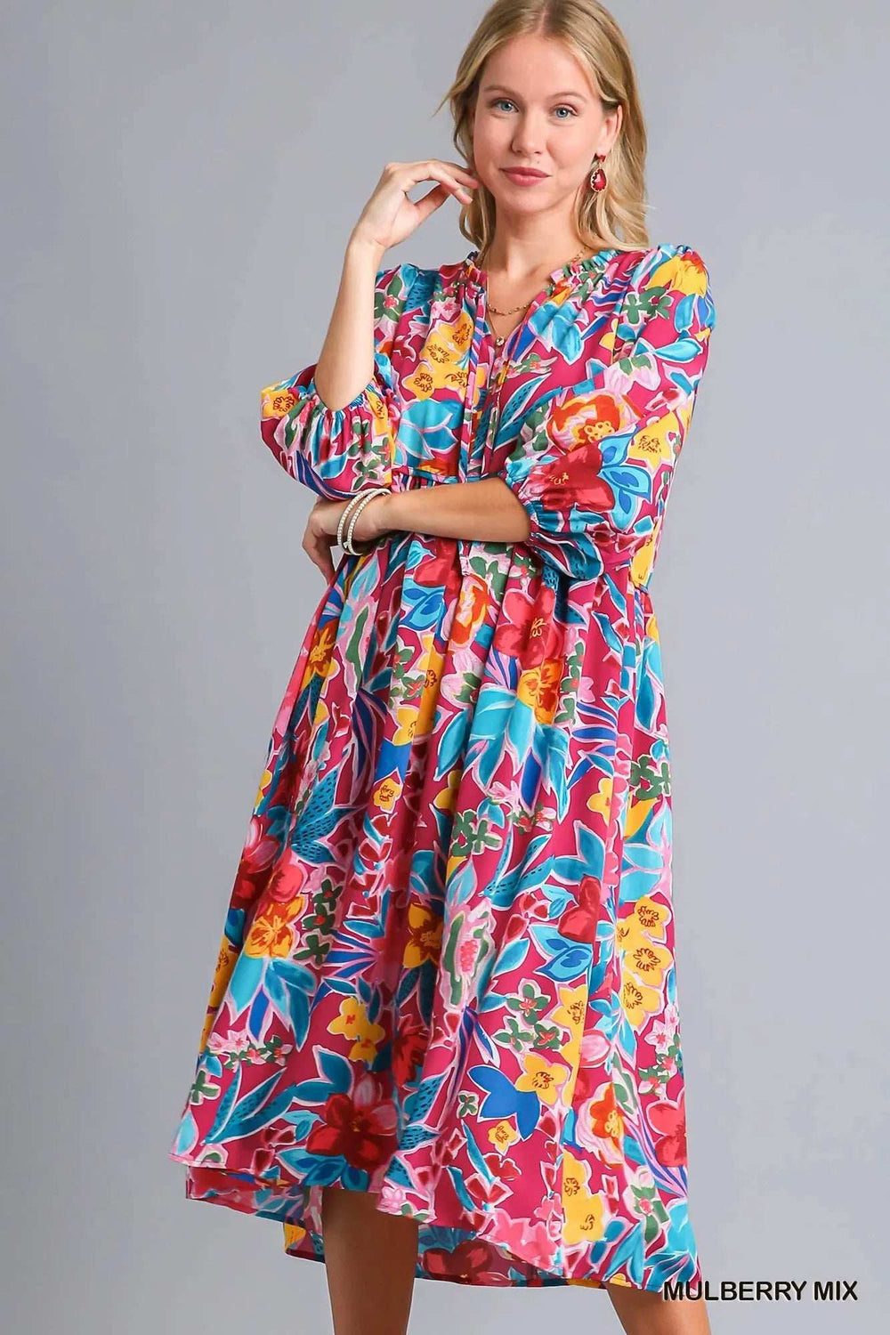 Umgee Full Size Floral Print Tie Neck Midi Dress with Pockets Plus Size - Trendsi - Flyclothing LLC