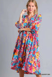 Umgee Full Size Floral Print Tie Neck Midi Dress with Pockets Plus Size - Trendsi - Flyclothing LLC