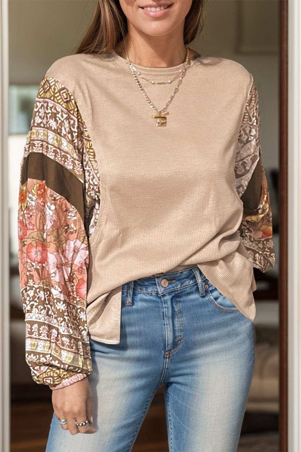 Printed Round Neck Long Sleeve Top - Trendsi - Flyclothing LLC