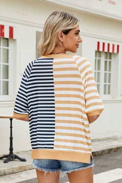 Striped Round Neck Half Sleeve T-Shirt - Trendsi - Flyclothing LLC