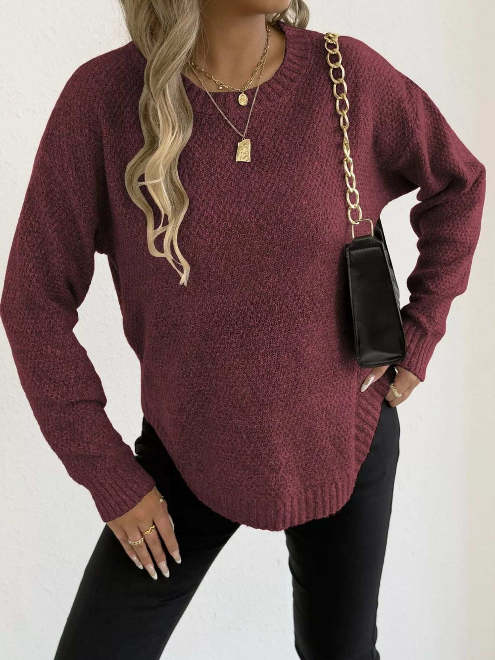 Textured Knit Relaxed Fit Round Neck Sweater - Trendsi - Flyclothing LLC