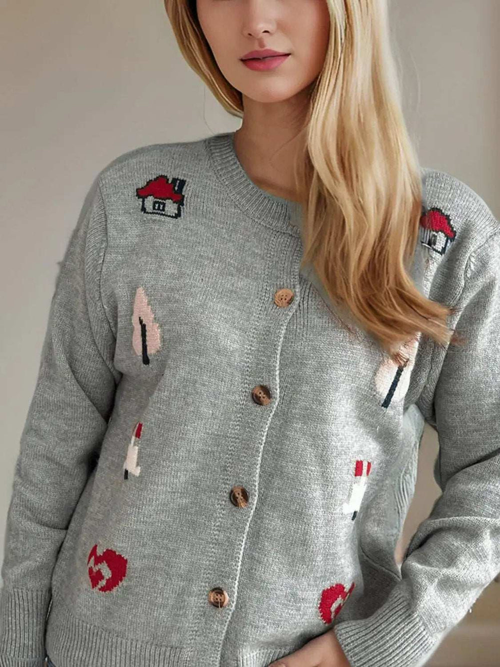 Button Up Round Neck Long Sleeve Cardigan - Trendsi - Flyclothing LLC