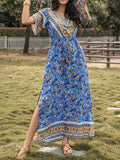 Slit Printed V-Neck Half Sleeve Maxi Dress - Trendsi - Flyclothing LLC