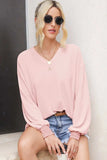 Waffle-Knit V-Neck Long Sleeve Top - Trendsi - Flyclothing LLC
