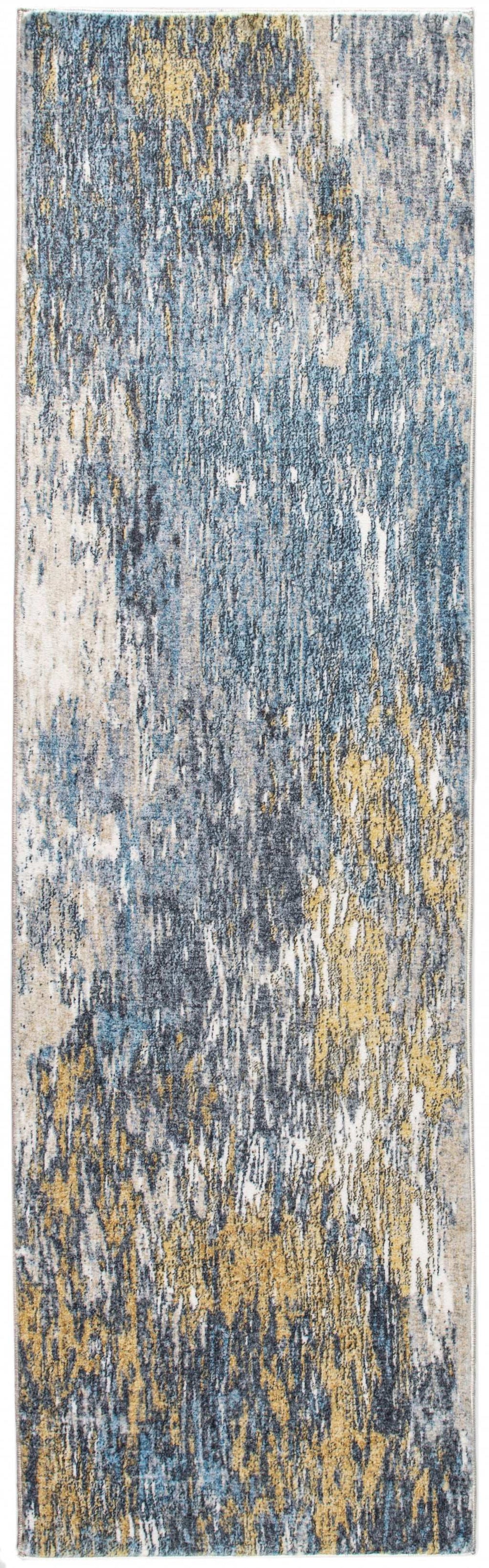 8' Runner Blue and Gold Abstract Runner Rug - Homeroots - Flyclothing LLC