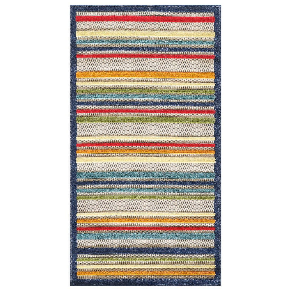 7' X 9' Ivory And Blue Striped Stain Resistant Indoor Outdoor Area Rug - Homeroots - Flyclothing LLC