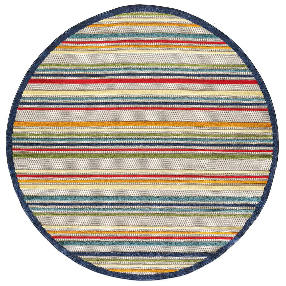 8' Round Ivory And Blue Round Striped Stain Resistant Indoor Outdoor Area Rug - Homeroots - Flyclothing LLC