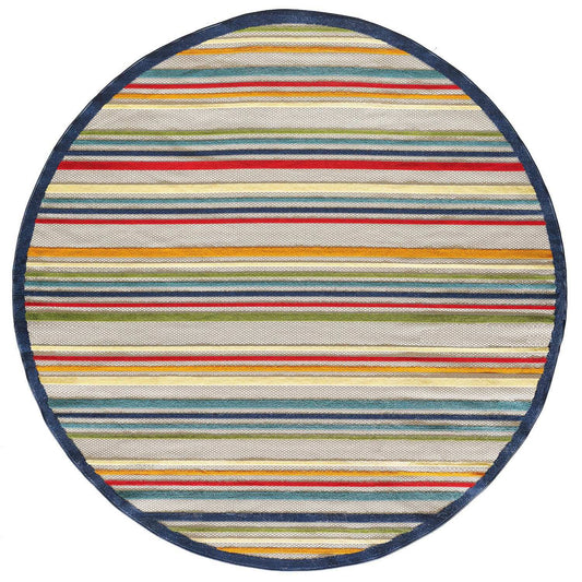 8' Round Ivory And Blue Round Striped Stain Resistant Indoor Outdoor Area Rug - Homeroots - Flyclothing LLC