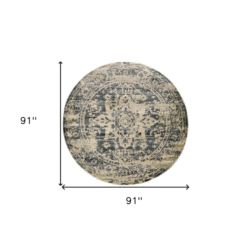 8' Ivory and Blue Oriental Distressed Round Rug - Homeroots - Flyclothing LLC