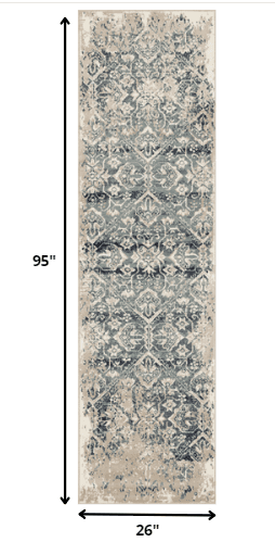 8' Runner Ivory and Blue Oriental Runner Rug - Homeroots - Flyclothing LLC