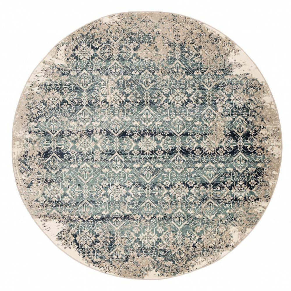 8' Ivory and Blue Round Oriental Area Rug - Homeroots - Flyclothing LLC