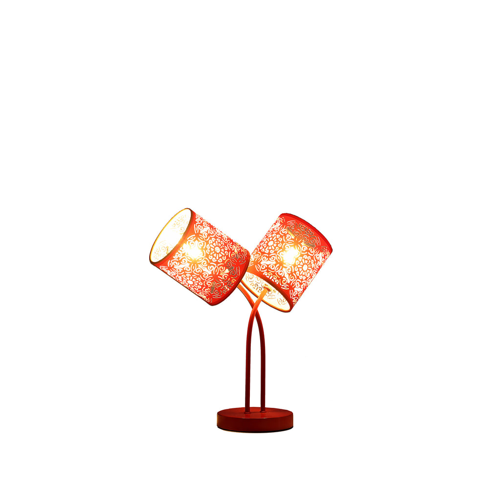 17" Red Metal Two Light Table Lamp With Red Abstract Drum Shade - Homeroots - Flyclothing LLC