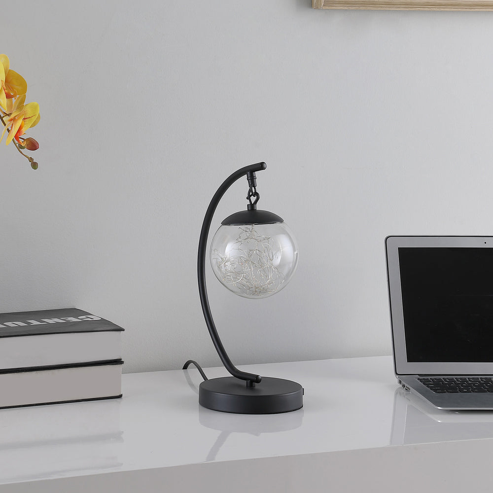 14" Matte Black Metal Arched Hanging Orb USB Table Lamp - Homeroots - Flyclothing LLC