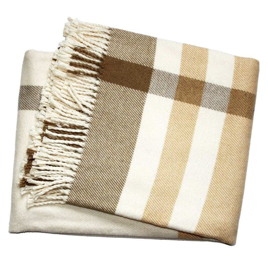 Plush Multi Beige Plaid Throw Blanket with Tassels - Homeroots - Flyclothing LLC