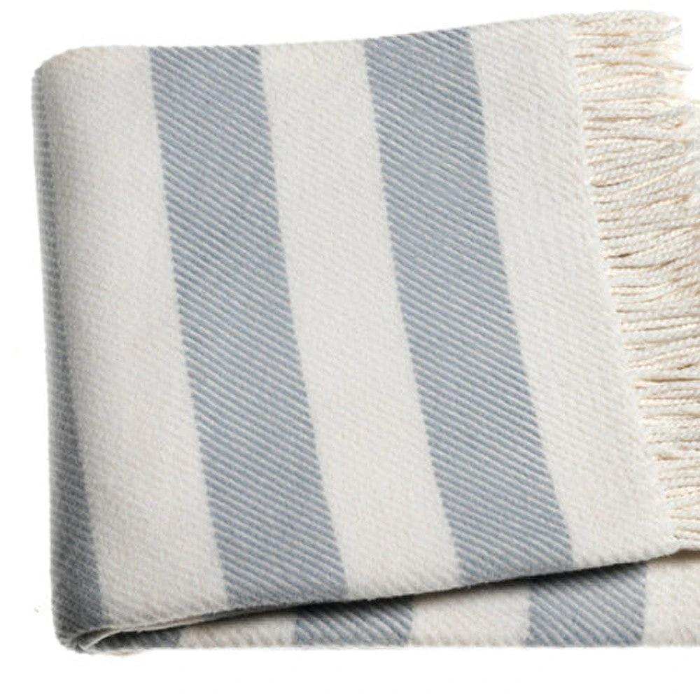 Cream and Sky Blue Slanted Stripe Fringed Throw Blanket - Homeroots - Flyclothing LLC