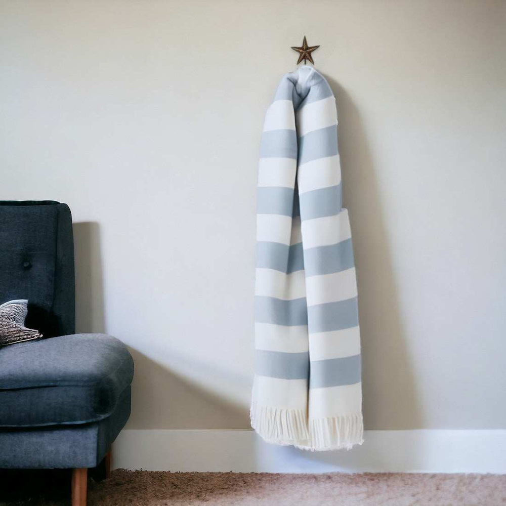 Cream and Sky Blue Slanted Stripe Fringed Throw Blanket - Homeroots - Flyclothing LLC