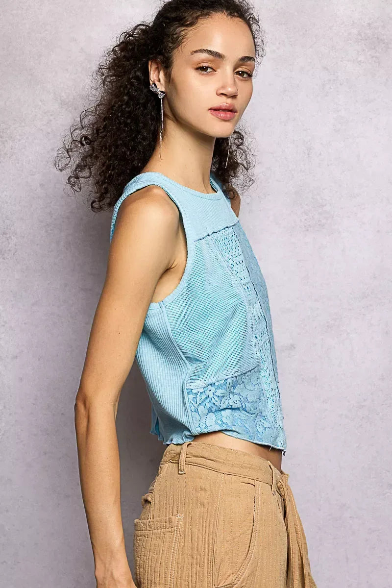 POL Ribbed Round Neck Cropped Tank with Lace Detail - Trendsi - Flyclothing LLC