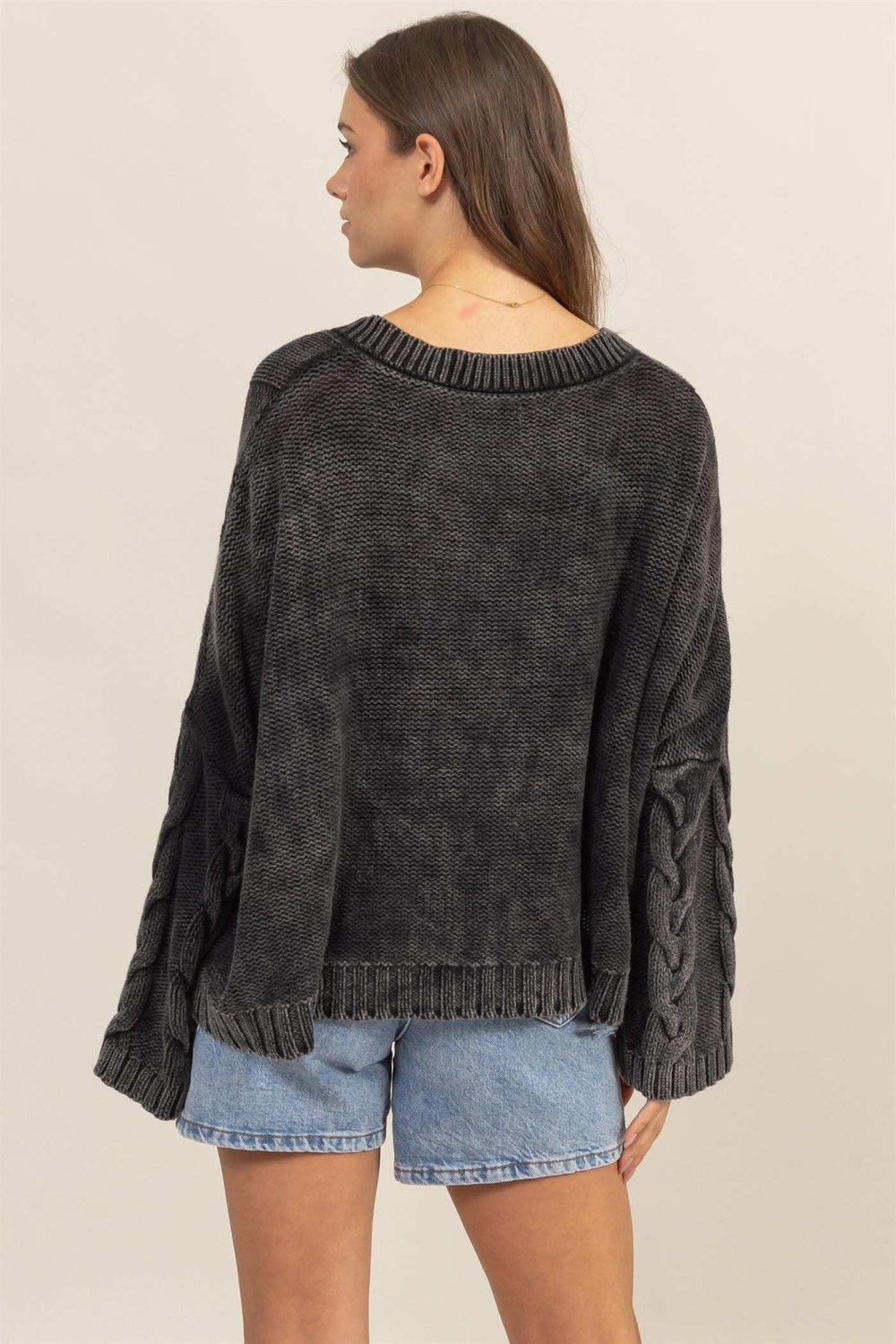 HYFVE Cable Knit V-Neck Dropped Shoulder Oversized Sweater - Trendsi - Flyclothing LLC