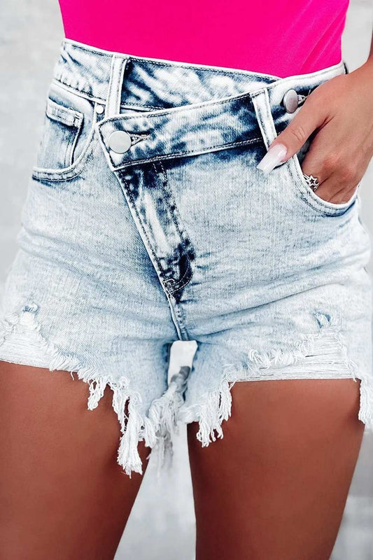 Raw Hem Buttoned Denim Shorts with Pockets - Trendsi - Flyclothing LLC