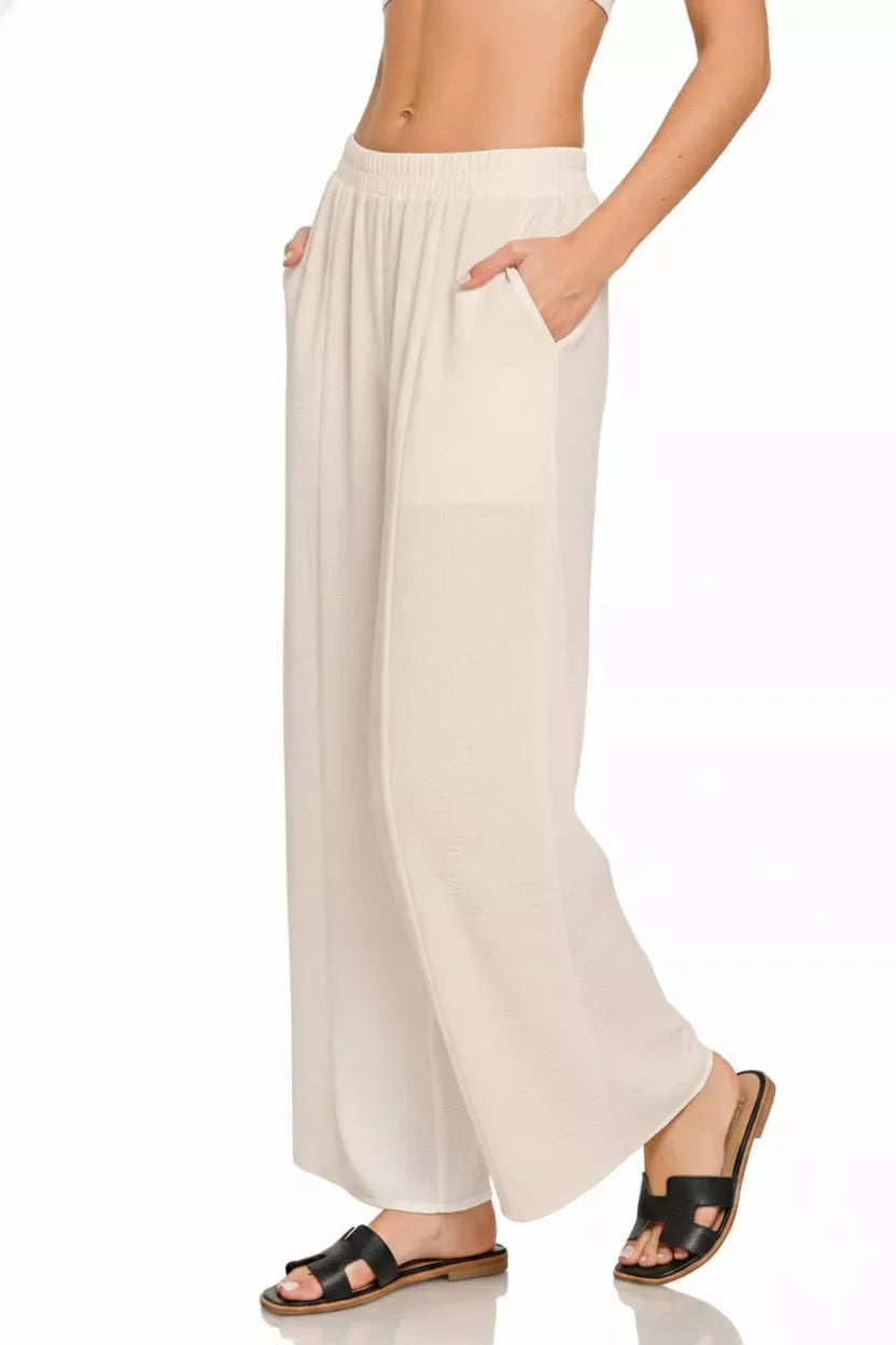 Zenana Woven Airflow Elastic Waistband Pants - Trendsi - Flyclothing LLC