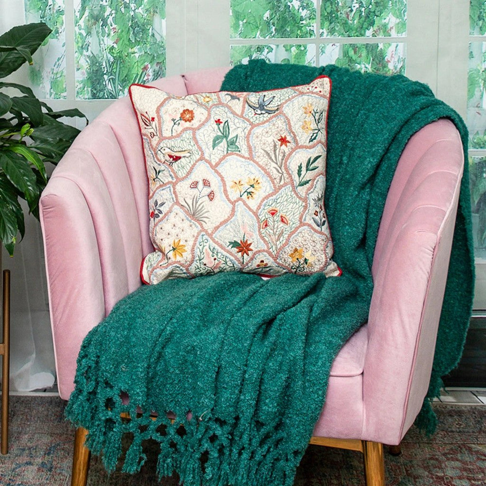 18" Beige Blue and Green Cotton Throw Pillow With Embroidery - Homeroots - Flyclothing LLC