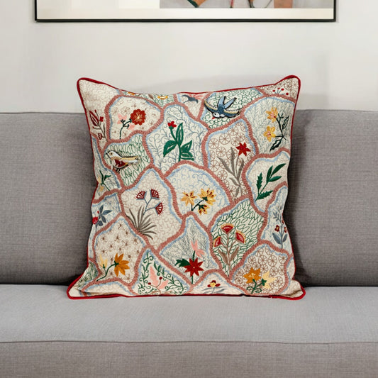 18" Beige Blue and Green Cotton Throw Pillow With Embroidery