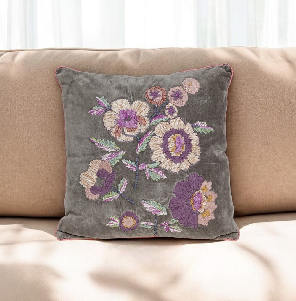 18" Taupe and Purple Cotton Throw Pillow With Embroidery - Homeroots - Flyclothing LLC