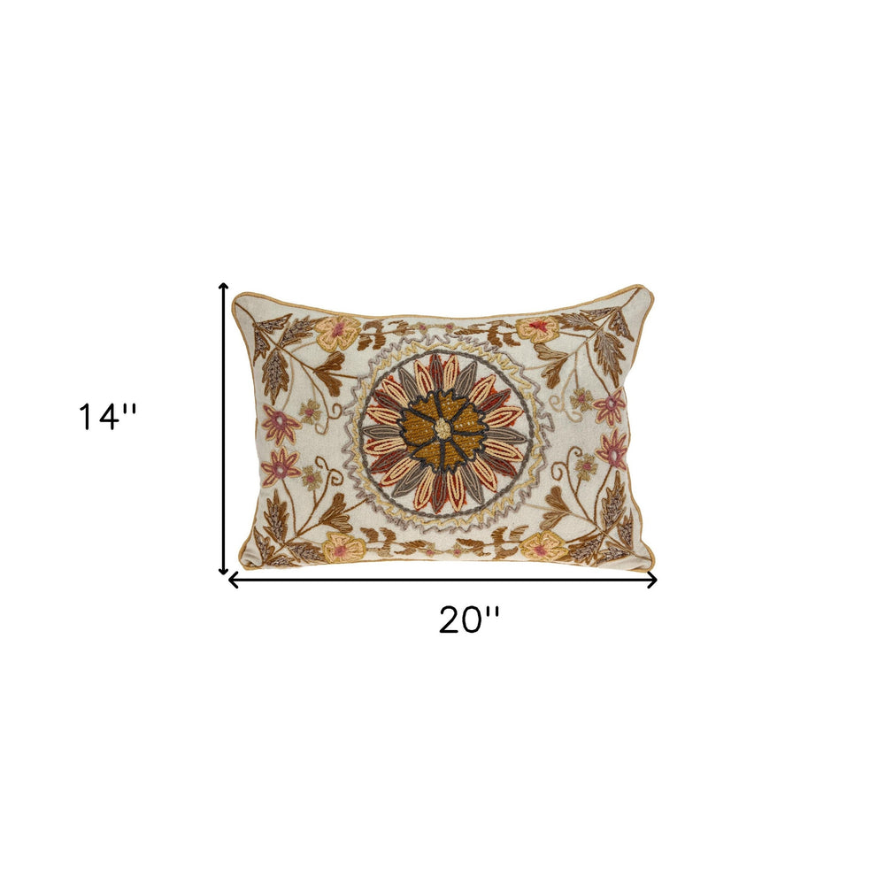 14" X 20" Beige Cotton Throw Pillow With Embroidery - Homeroots - Flyclothing LLC